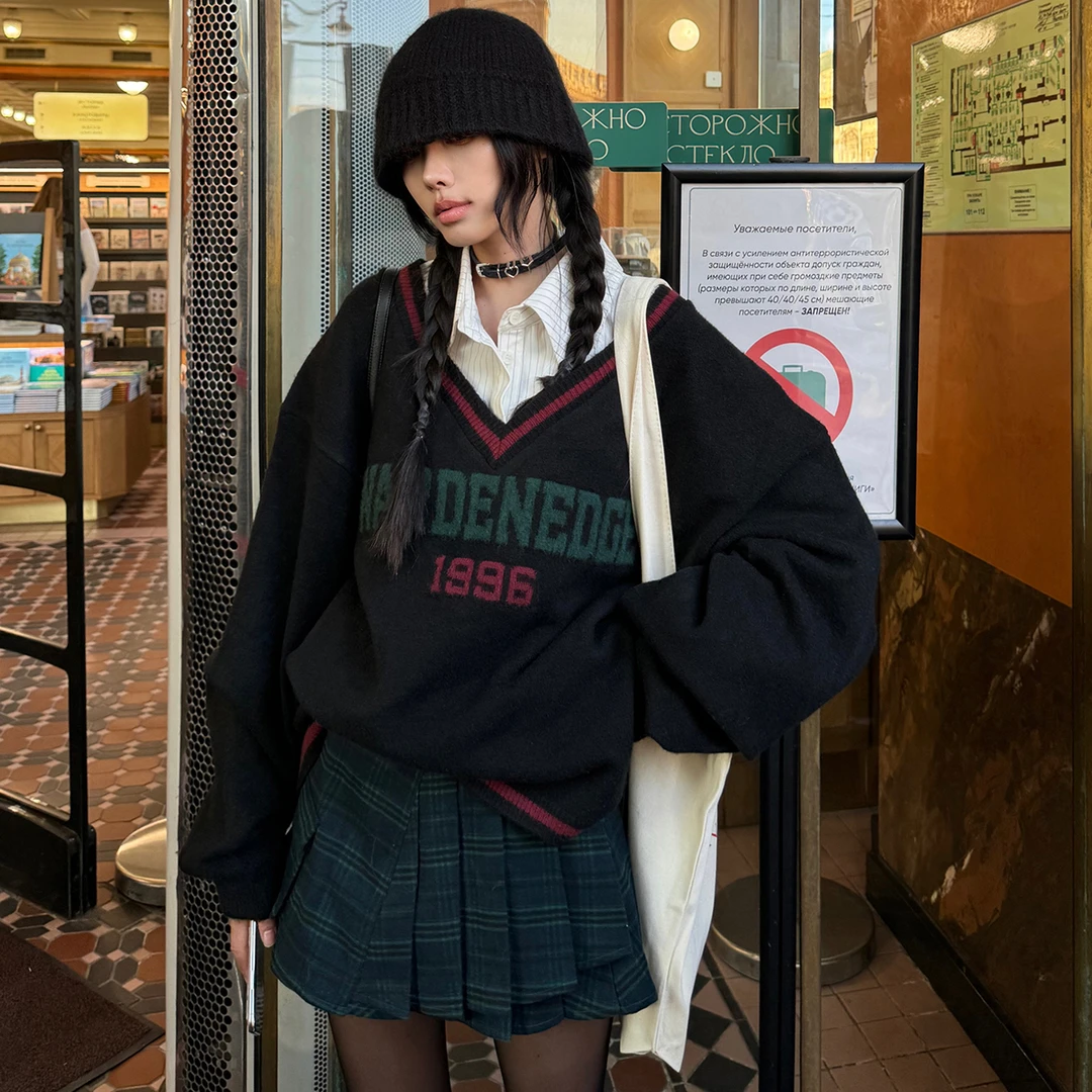 美式辣妹高腰格纹半身裙女秋冬季2024新款复古显瘦百褶a字短裙子