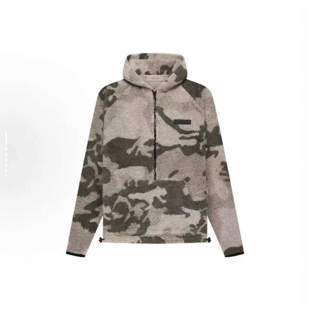 ESS 海报灰 迷彩 拉链摇粒绒带帽卫衣  潮流服饰