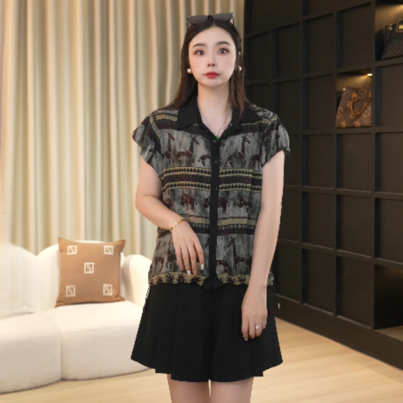 feinina/菲尼娜夏季宽松印花百搭雪纺衬衫洋气显瘦遮肚小衫13932