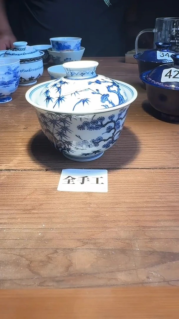 婺州窑龙窑烧制技艺全手工青花盖碗