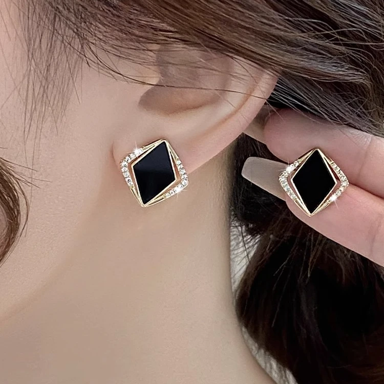 铜合金耳饰 菱形黑色气质耳环耳钉精致小众设计高级耳饰