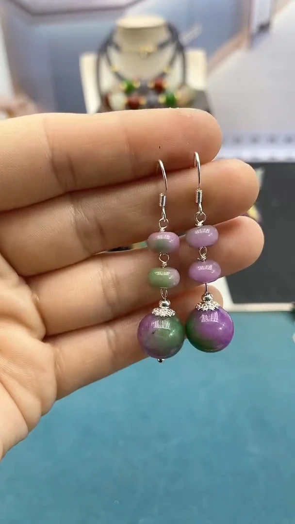 【闪购商品】翡翠耳饰银S925镶嵌春彩三珠耳钩