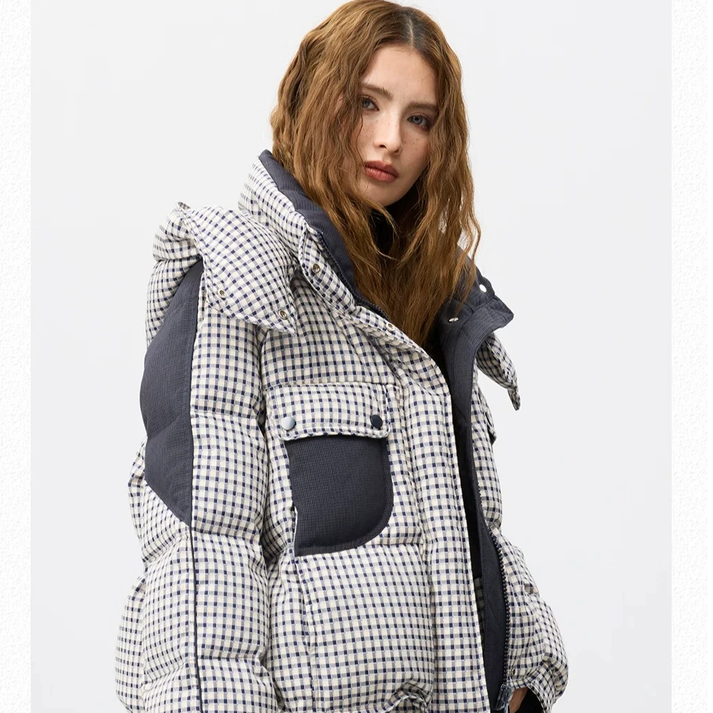 格纹羊毛连帽羽绒服女短款2025冬新款白鸭绒小个子羽绒外套78309