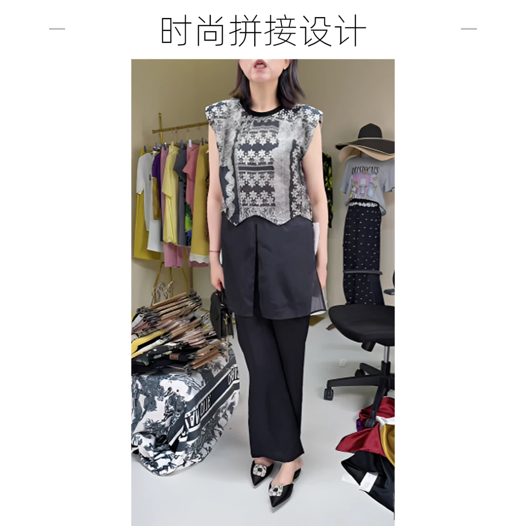 新款8092天丝亚麻高级感花色圆领垫肩女夏季轻熟风宽松显瘦背心