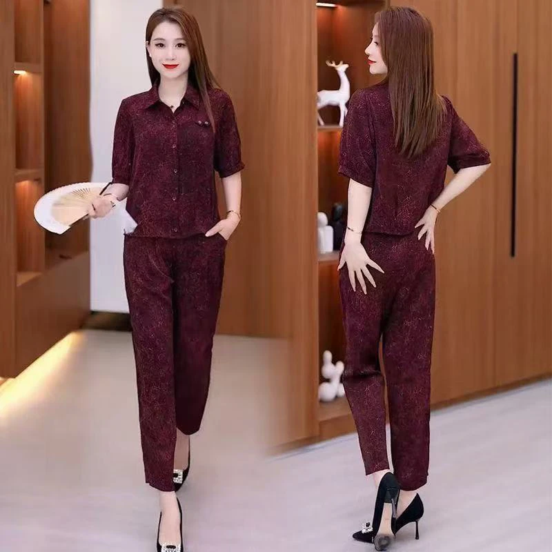 优雅妈妈夏装两件套2025时尚新款洋气显瘦印花中老年九分裤套装db