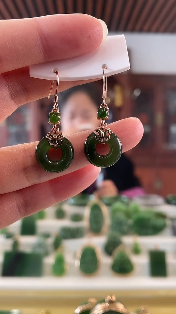 银S925镶嵌和田玉（碧玉）耳饰甜甜圈耳钩