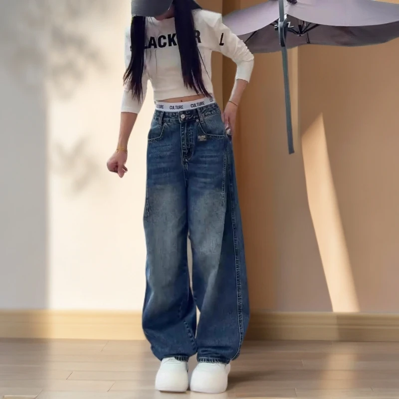 秋季新款大码时尚重工大口袋牛仔裤女梨型身材显瘦高腰宽松阔腿裤