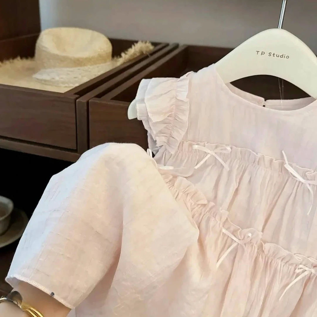 女童连衣裙舒适休闲女童夏新款飞飞袖蝴蝶结甜美公主裙女宝背心裙