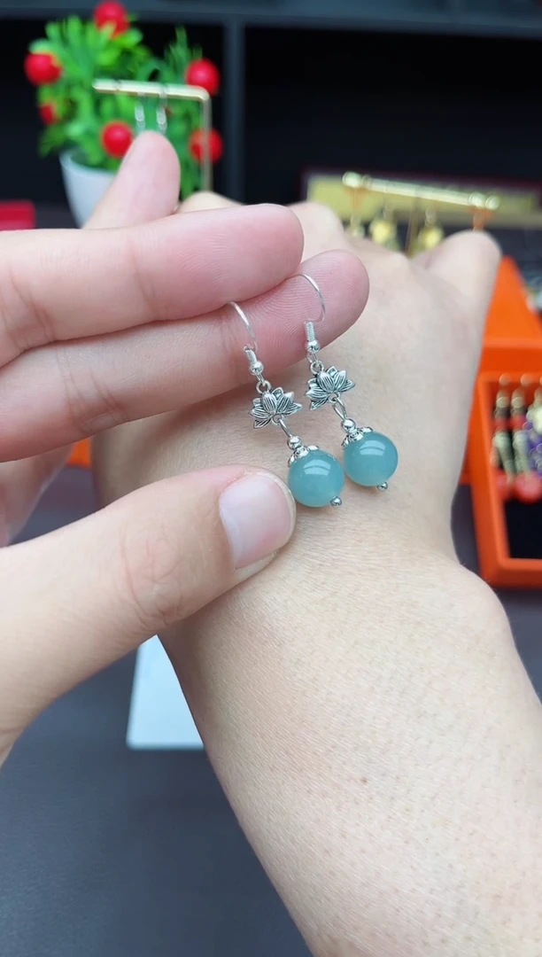 石英质玉（天山翠）银S925镶嵌耳饰237000