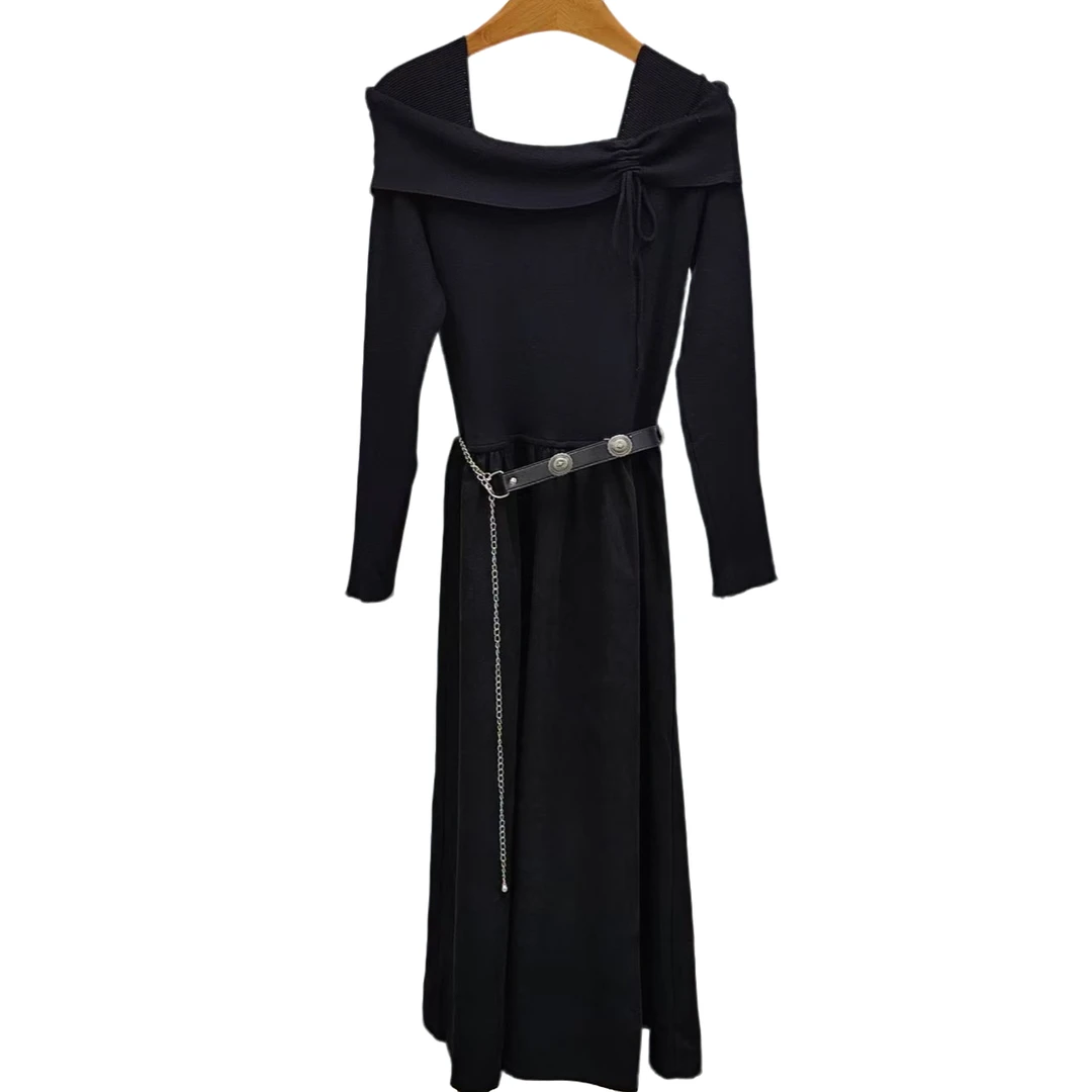 YITONG/倚桐2025秋季时尚气质露肩拼接连衣裙（L5926135）配腰链带