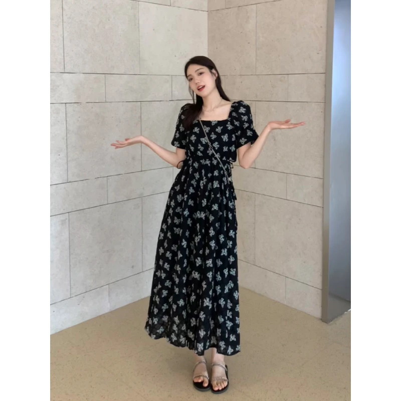 48H【蝴蝶谷】高个子女装 夏季掐腰收腰显瘦碎花连衣裙 JY014