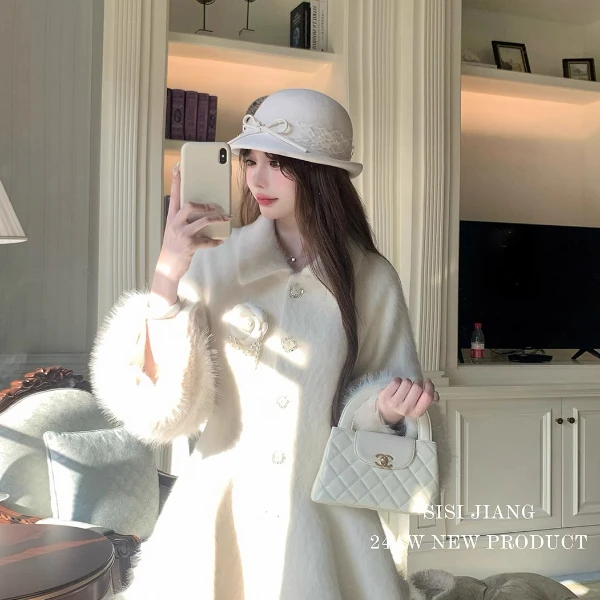 SISI JIANG "雪松奈奈子"富家千金白色加厚收腰兔毛皮草毛呢大衣