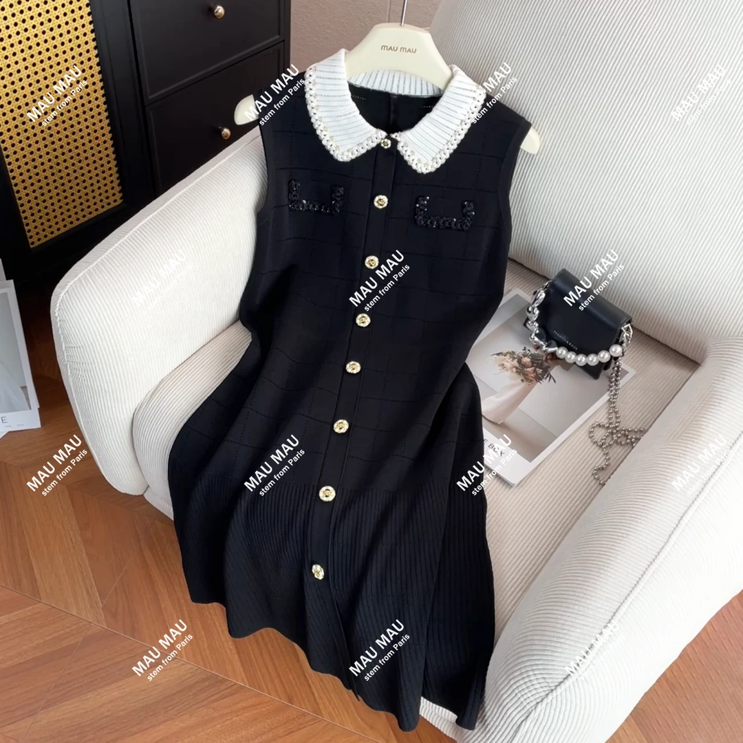 25秋季新款小香风翻领钉珠针织收腰背心连衣裙女DY7646