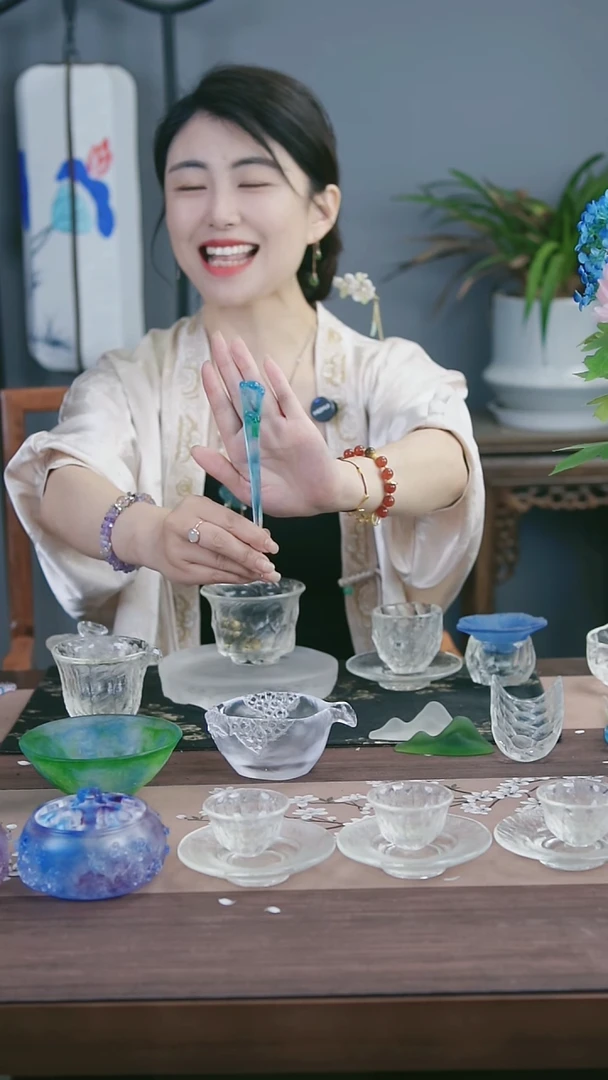 茶盏古法琉璃飘蓝色调茶匙茶置小摆件