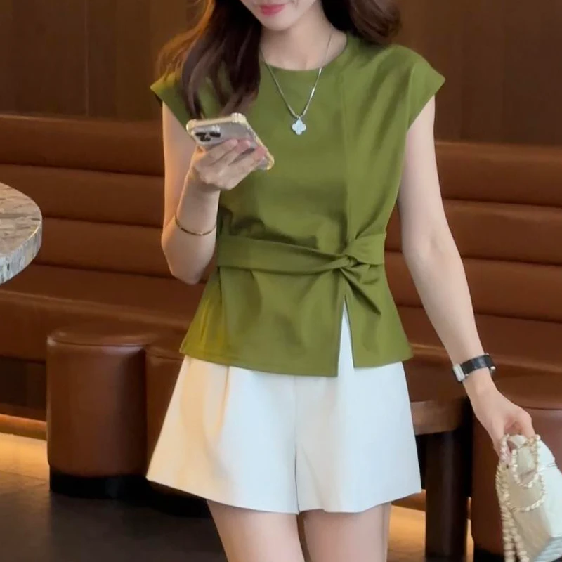 休闲慵懒风知性风设计感小众收腰显瘦短袖T恤女2025温婉大方衣服