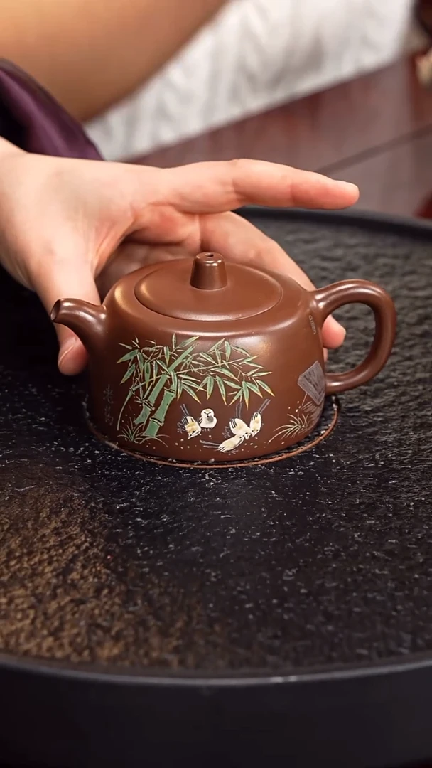 茶壶紫砂谈俊祥 井栏196 紫泥 240毫升 配牡丹赏盘