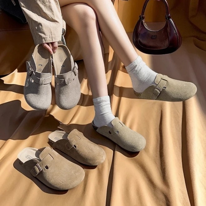 复古穆勒勃肯鞋2025新款真皮牛皮半拖秋季防滑透气增高女鞋拖鞋