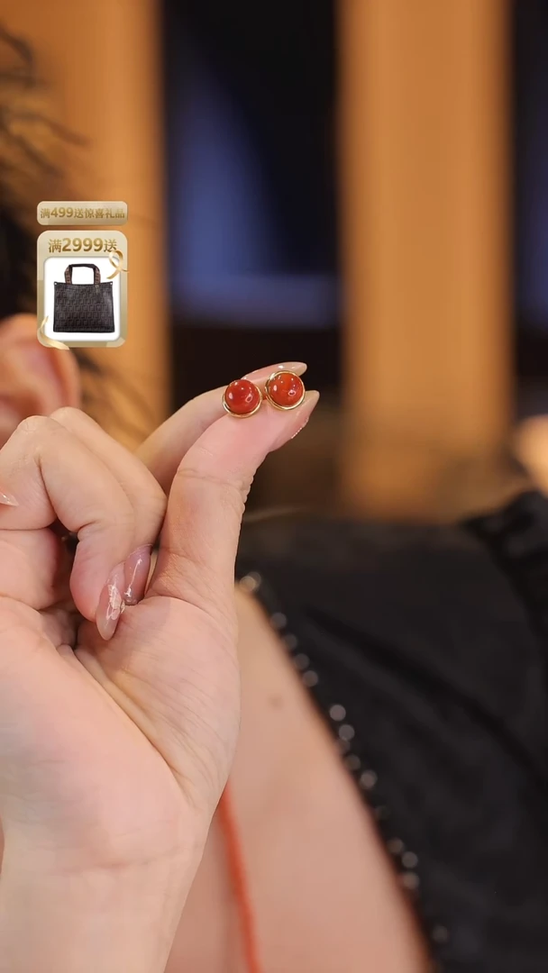 银S925镀金镶嵌南红玛瑙耳饰ES1497