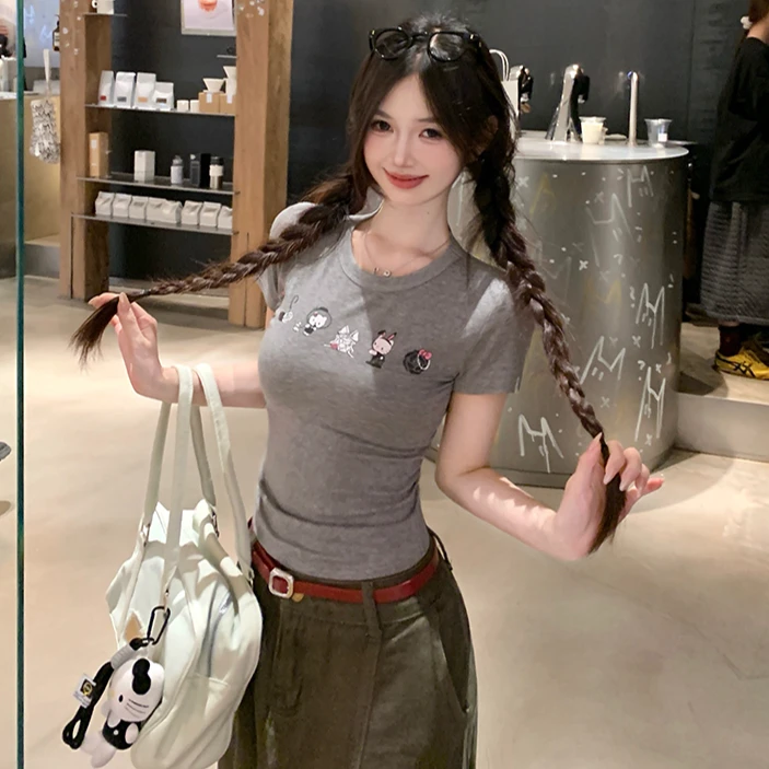 灰色可爱kitty正肩短袖设计感小众紧身显瘦短款辣妹上衣