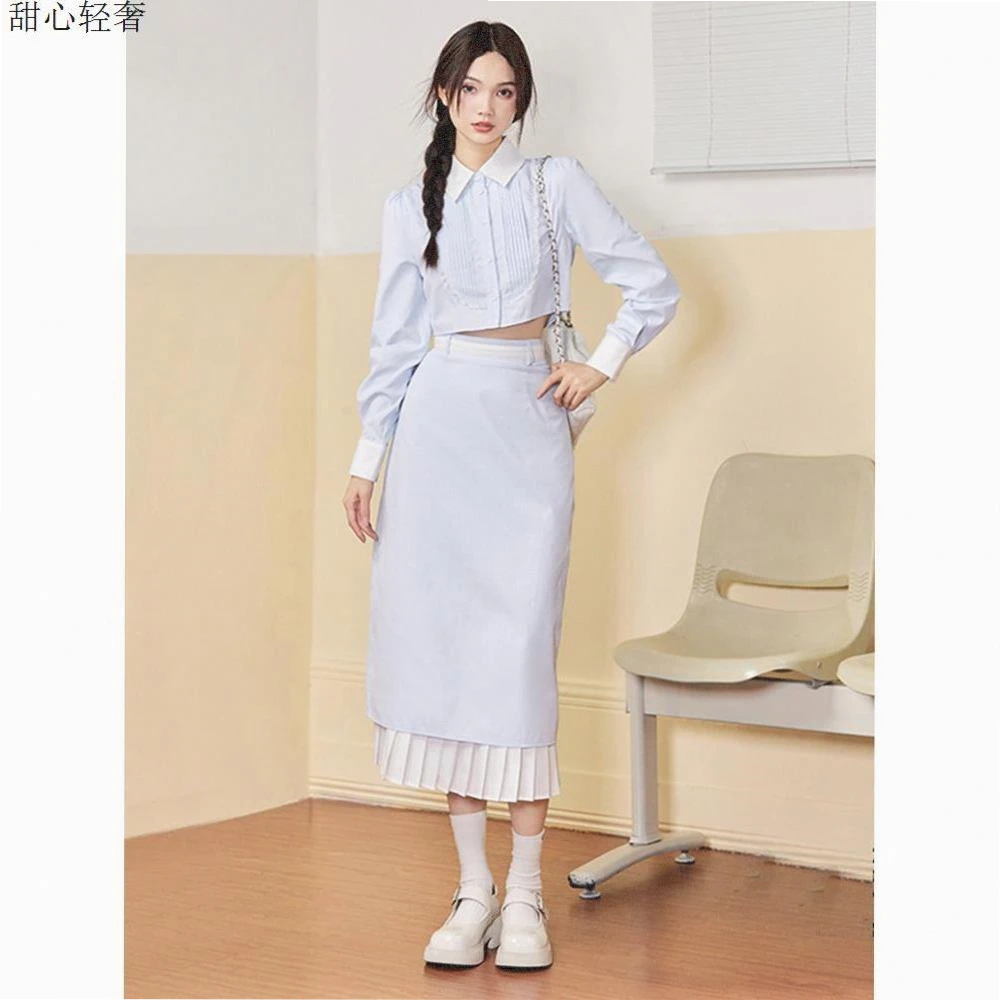 时尚洋气新款小众设计感法式衬衫上衣+半身长裙套装女夏季两件套