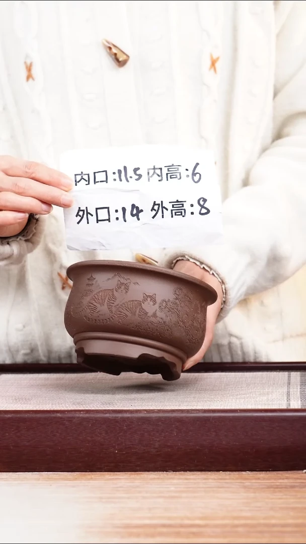 紫砂花盆紫泥刻绘猫咪迷你矮圆盆一只无托