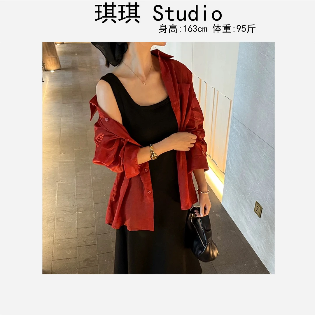 《琪琪家》春季新款潮流气质时尚宽松显瘦减龄百搭红色衬衫2836-Y