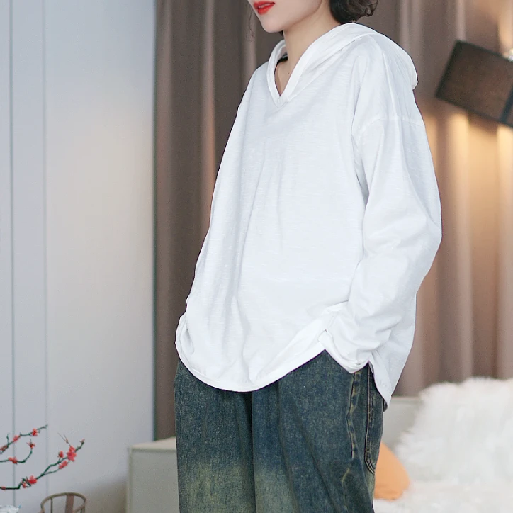 新款竹节棉长袖连帽衫女上衣打底S0005