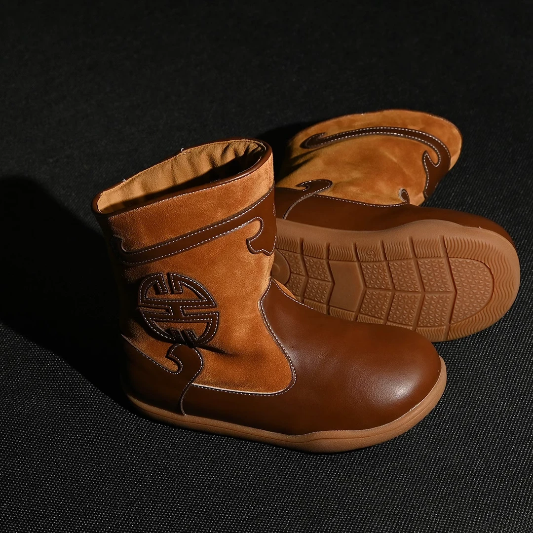 美熙芸儿童中筒靴子新款四季内蒙古风靴子真皮男女童加绒保暖靴