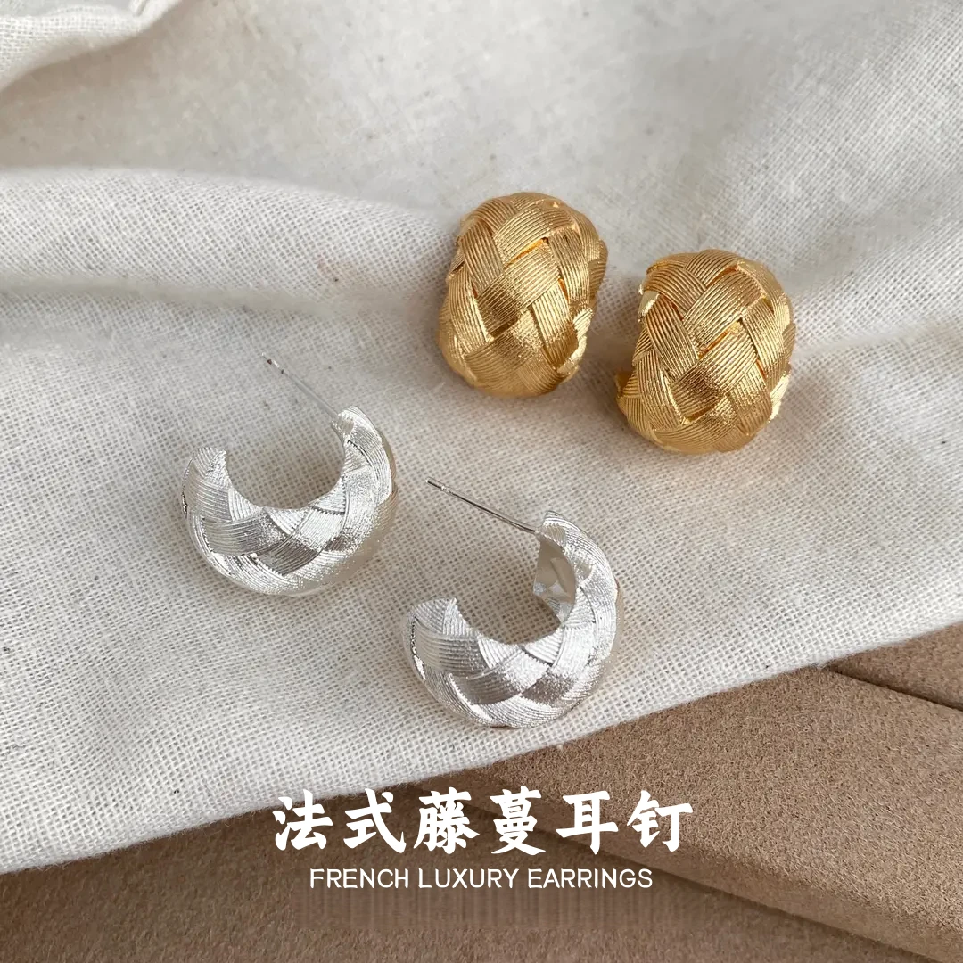 925银耳饰 法式小众设计拉丝C圈耳环气质高级感纹理简约耳钉女