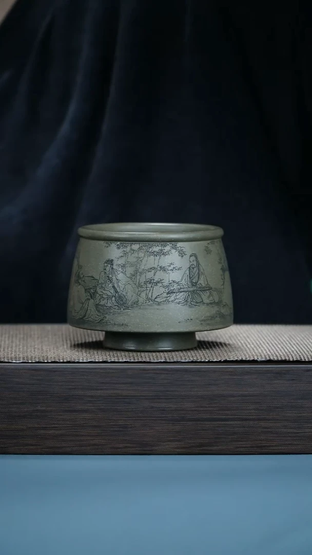 紫砂茶宠刻绘竹林七贤