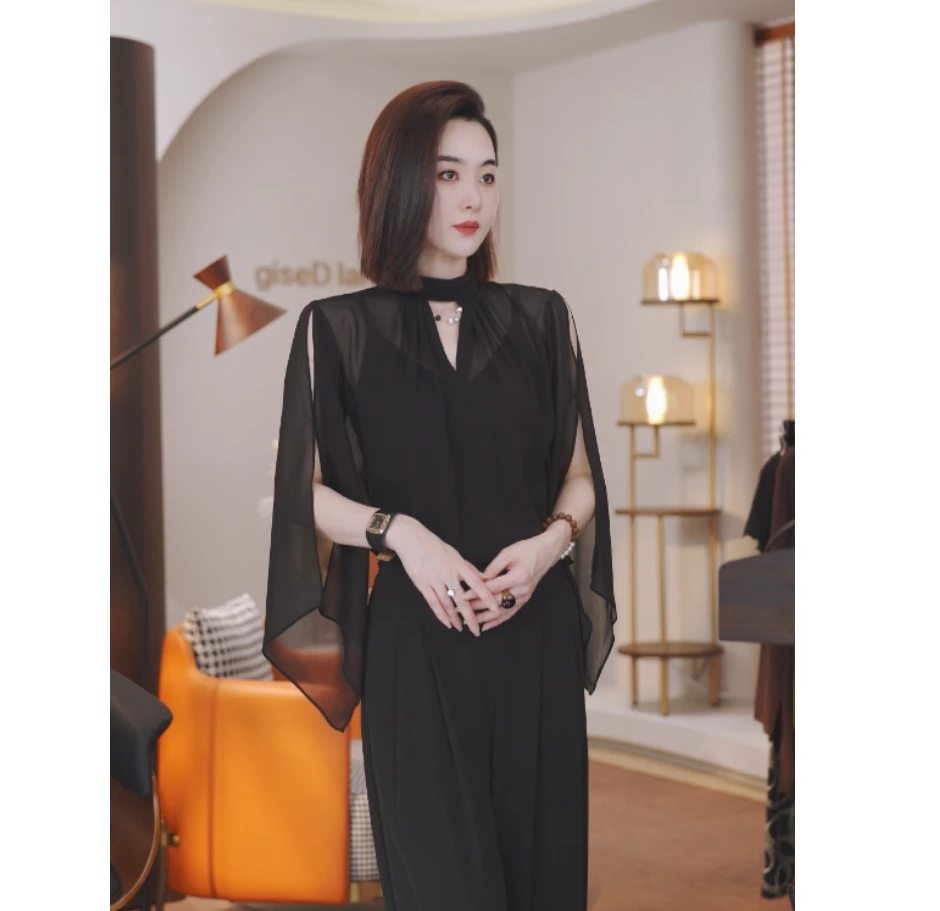 MORELAN2025洋气气质舒适高级纯色薄纱立领镂空长袖上衣2939