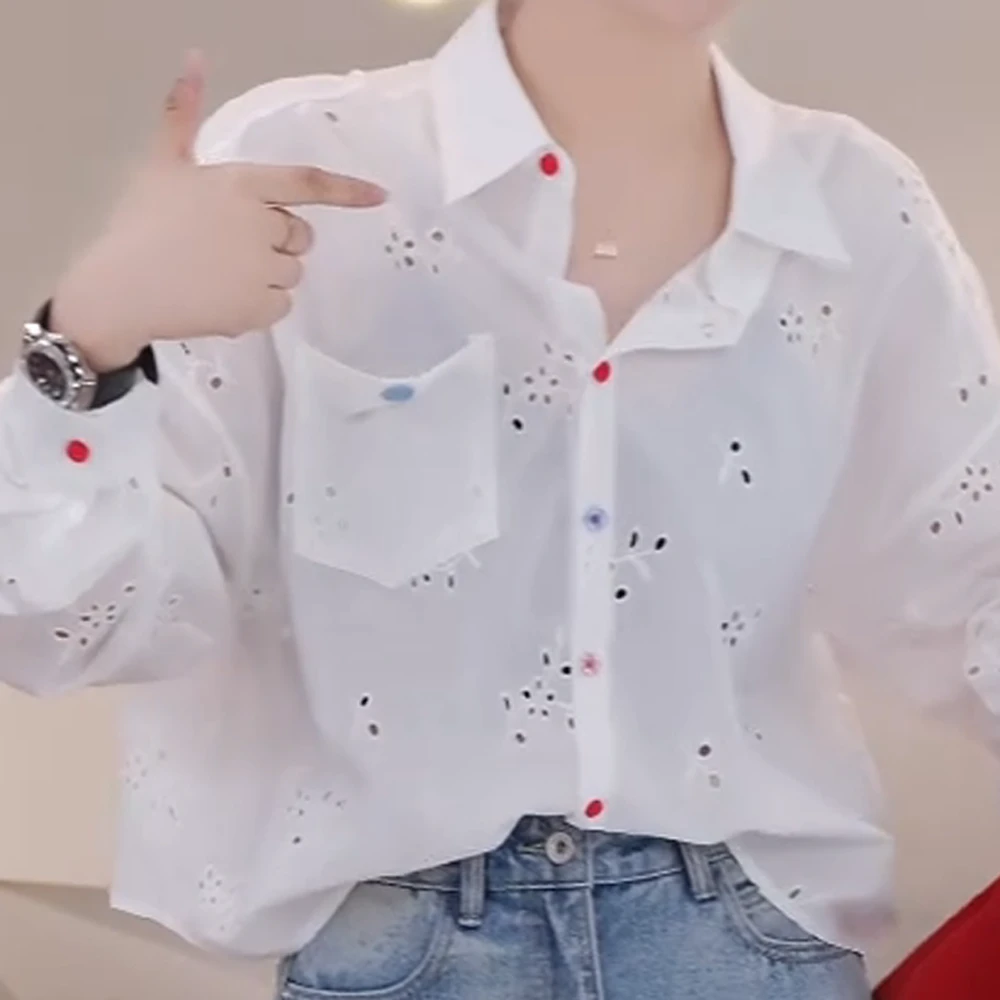 法式镂空钩花白色防晒衬衫女夏春秋设计感宽松休闲长袖上衣