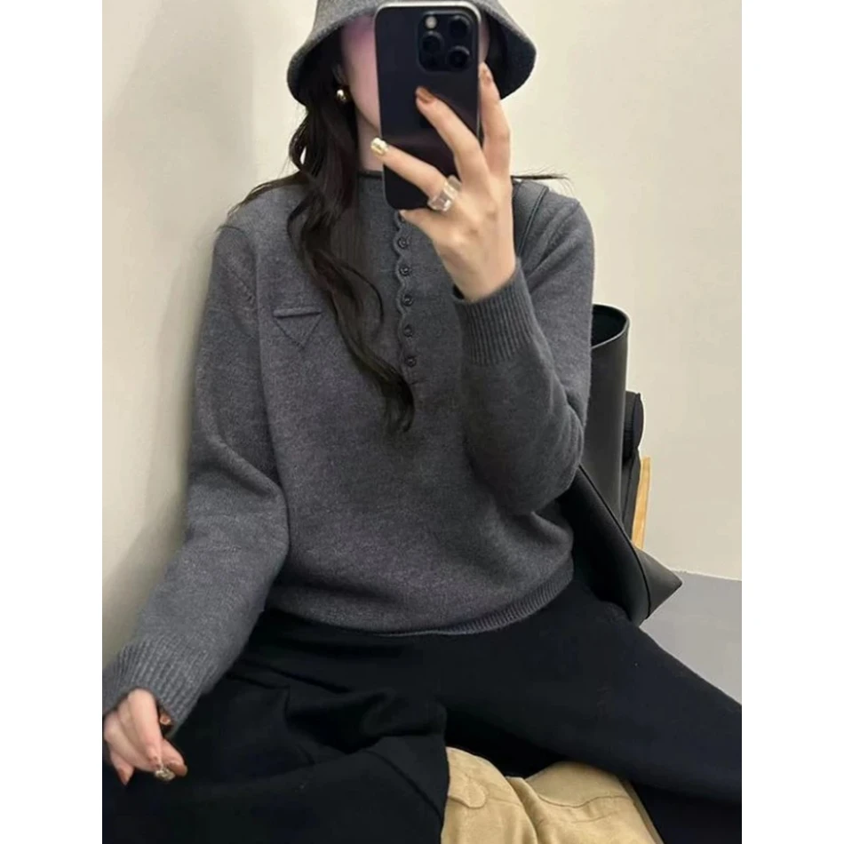 3509【木耳边半开纽扣毛衣】秋冬新款韩版慵懒风ins百搭上衣