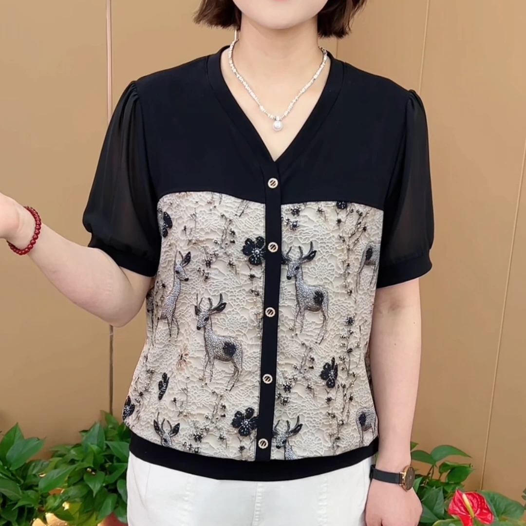 夏季新款时尚V领气质妈妈装宽松显瘦减龄休闲百搭短袖上衣K886