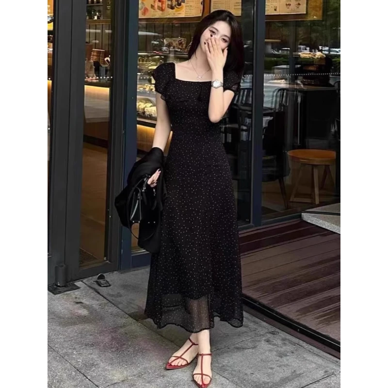 大码女装法式赫本风波点连衣裙女夏季微胖mm遮肉显瘦气质雪纺长裙