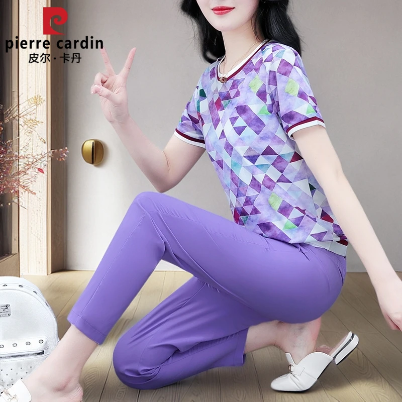 皮尔卡丹冰丝运动套装2025年新款夏季凉感短袖中年妈妈洋气两件套
