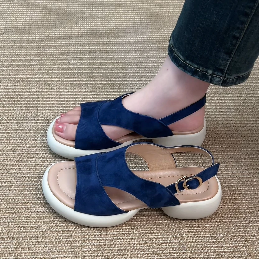 夏季新款4cm粗跟厚底露趾镂空凉鞋女简约百搭后绊带皮带扣凉鞋女