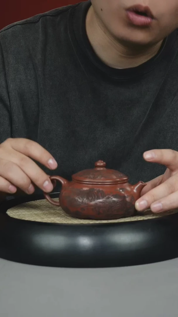 茶壶紫砂龙血砂 筋纹寒江  刻绘山水