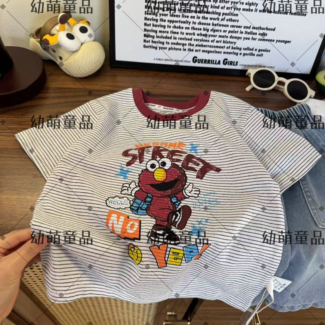 YM【JMJQ 25232】夏季中小童韩版亲肤色织条纹芝麻街印花标短袖体恤