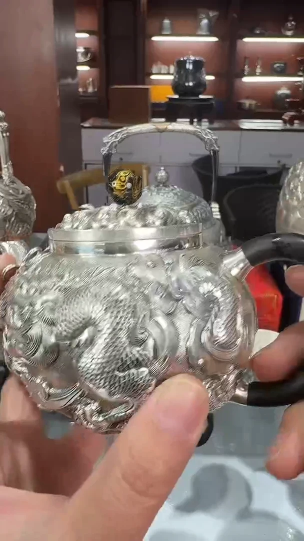 K***N足银手工精工老师高浮雕錾刻双龙戏珠黑金摘钮泡茶壶