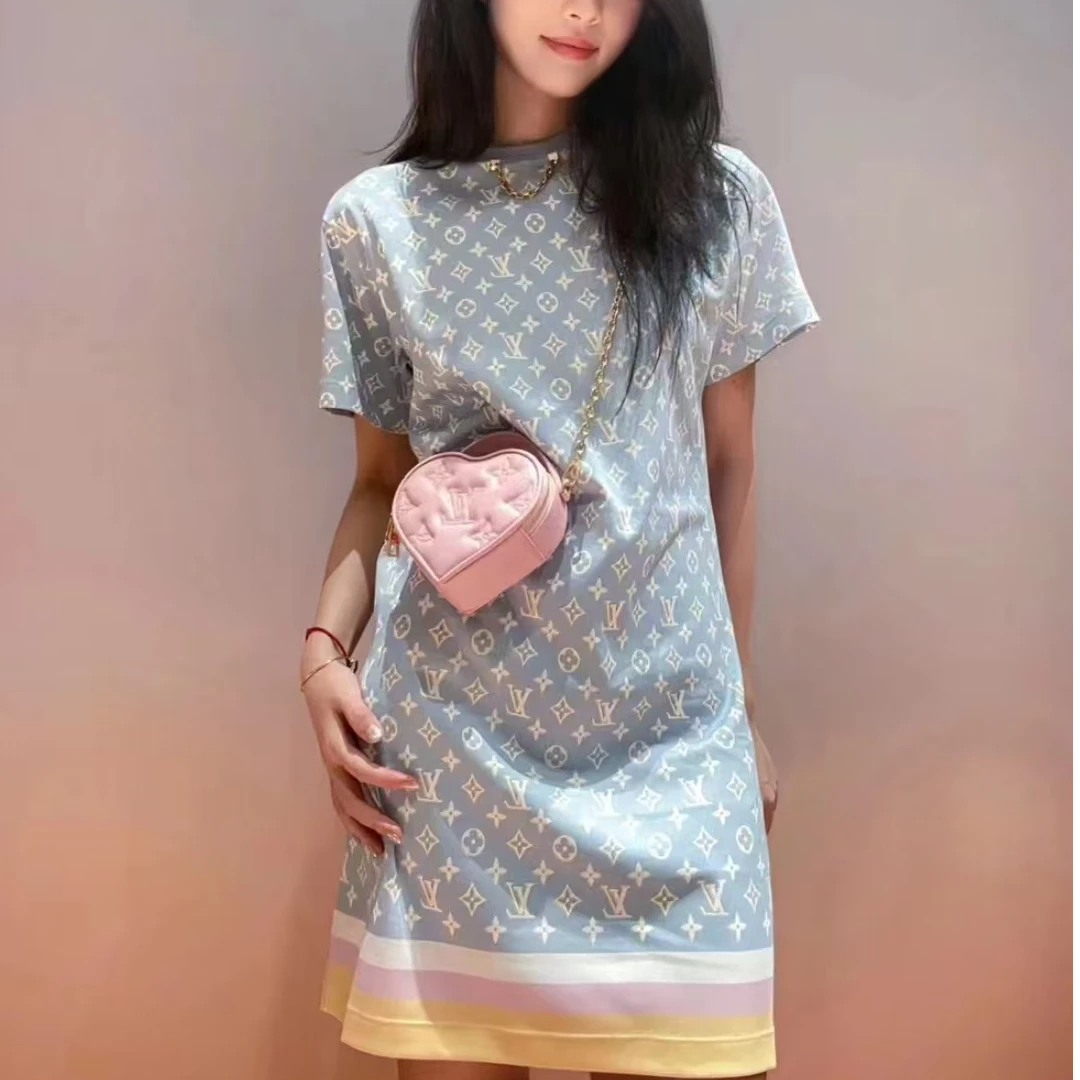 全新未使用 LouisVuitton/路易威登 满印圆领短袖连衣裙 蓝色/M