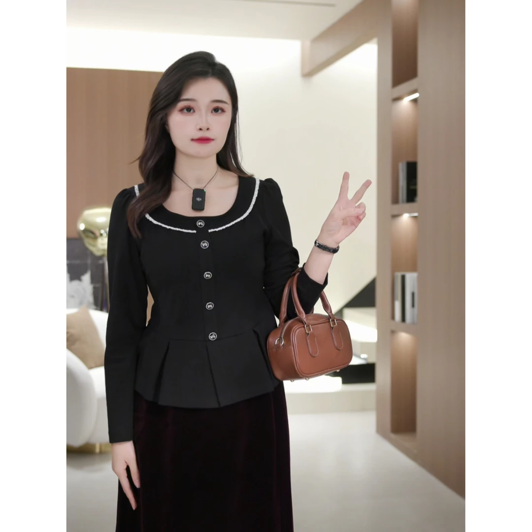 【仅上衣】花老爷微胖大码女装法式拼接领精致上衣HLY3535