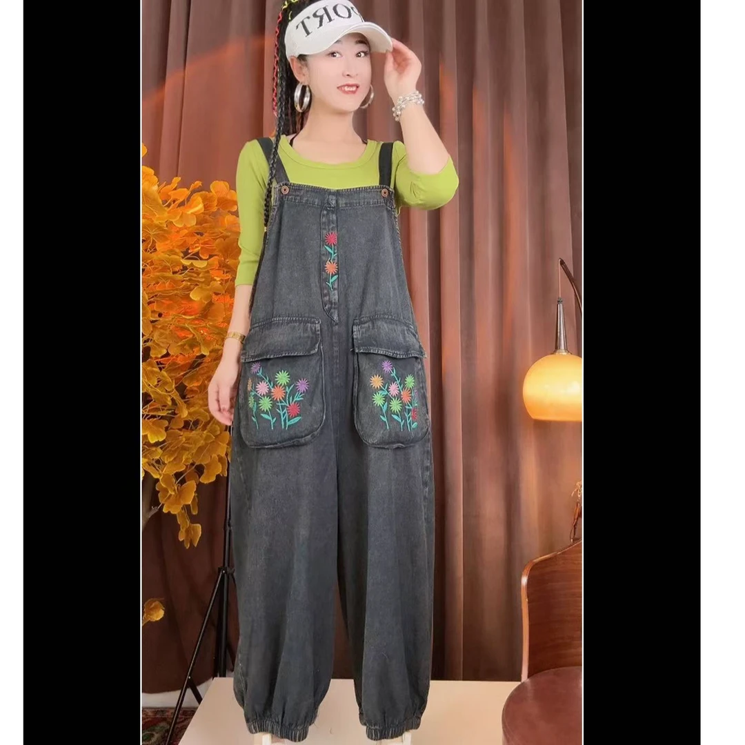 水洗女背带裤连体牛仔裤唐汉布衣新款D  (80-160斤左右)