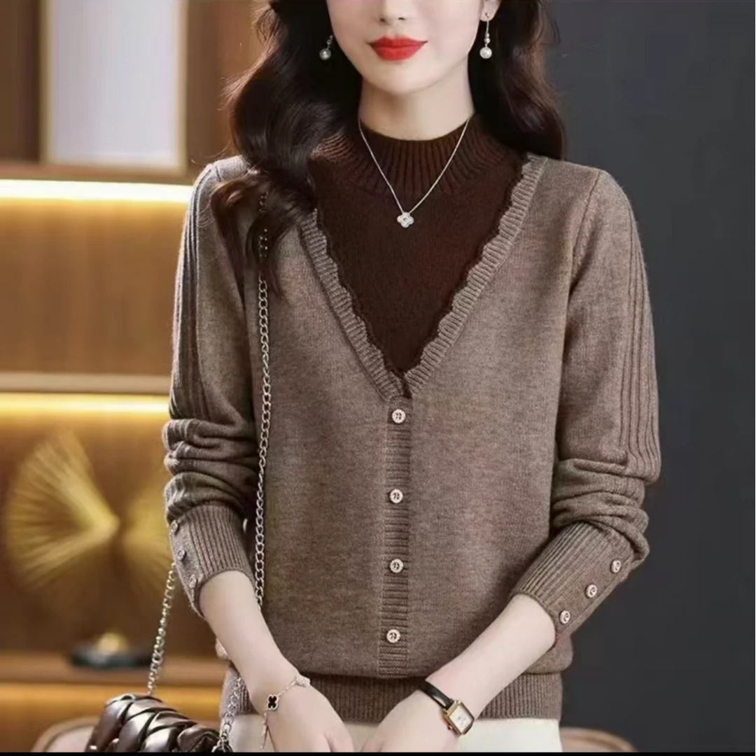 秋冬新款半高领加厚毛衣假两件女士大码内搭针织衫女 9001