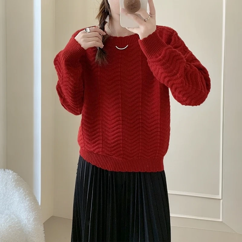 【波浪纹毛衣红色】2024新款时尚百搭洋气亲肤显白保暖针织毛衣