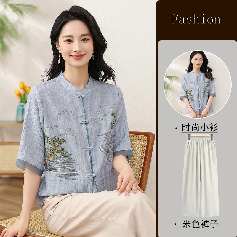 45-65岁中老年洋气妈妈新中式国风春夏季日常穿搭减龄大方小开衫