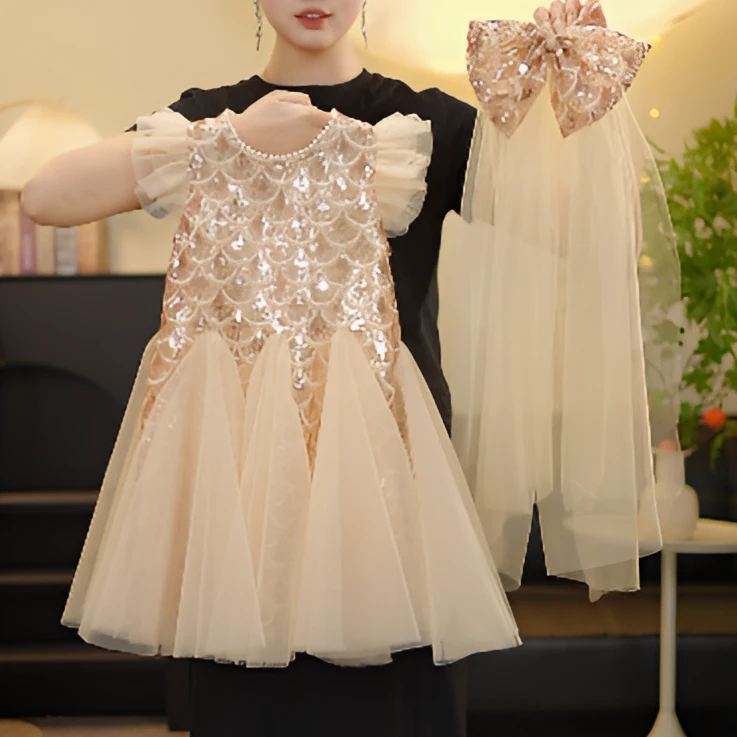 【YT香槟鱼鳞】女童2025轻奢亮银宴会礼服裙夏季新款立体连衣裙洋气