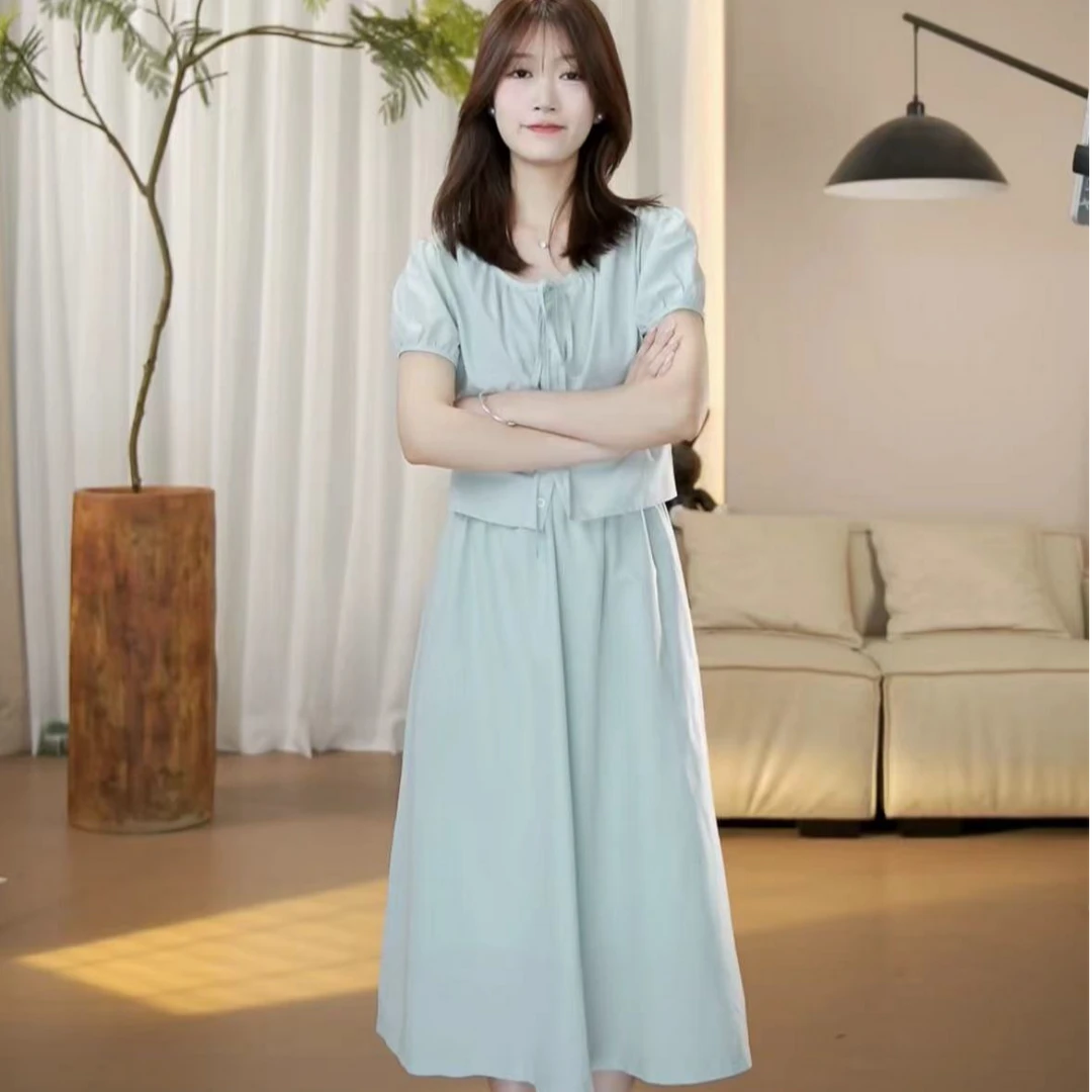 现货（周周小个子）夏季休闲百搭法式显瘦宽松裙子+上衣套装-8031