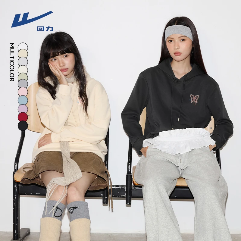 回力外套女2025新款爆款春秋季连帽爆款宽松杏色小个子连帽卫衣