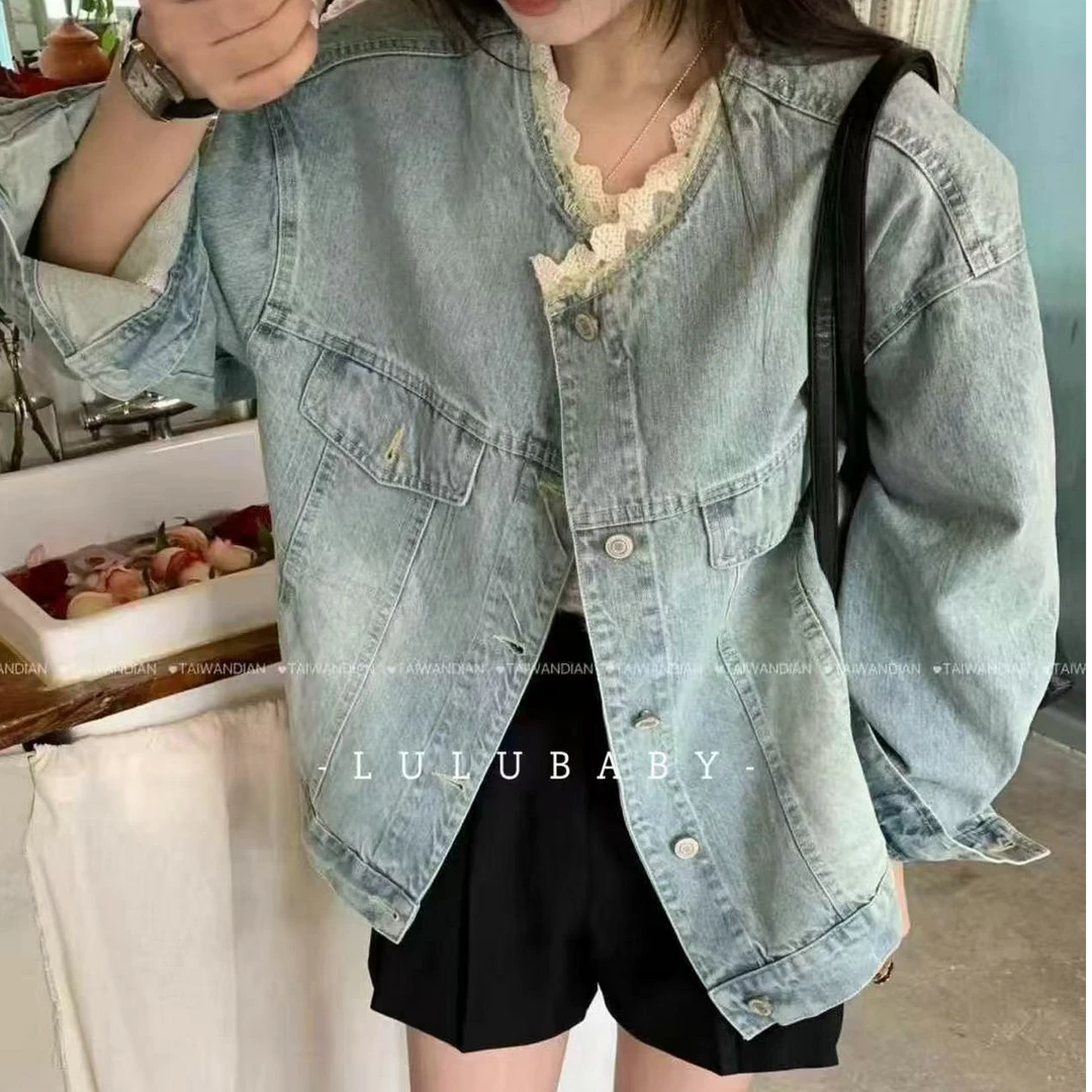 7910西海岸线 复古蕾丝边牛仔外套